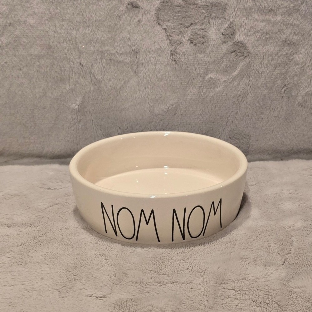 Rae Dunn NOM NOM Ceramic Pet Bowl White Artisan Collection by Magenta Dog Cat 5"